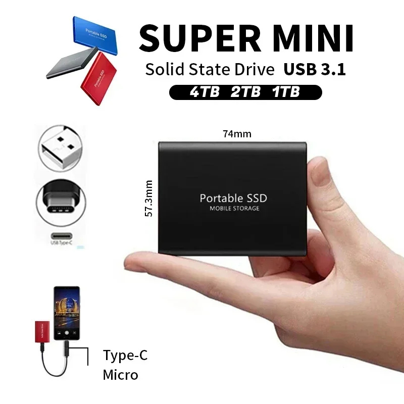 Monde Externe SSD 4TB USB-C 3.1 – Hoge Snelheid, Metalen Behuizing, Schokbestendig, Compatibel met Windows/Mac/Android