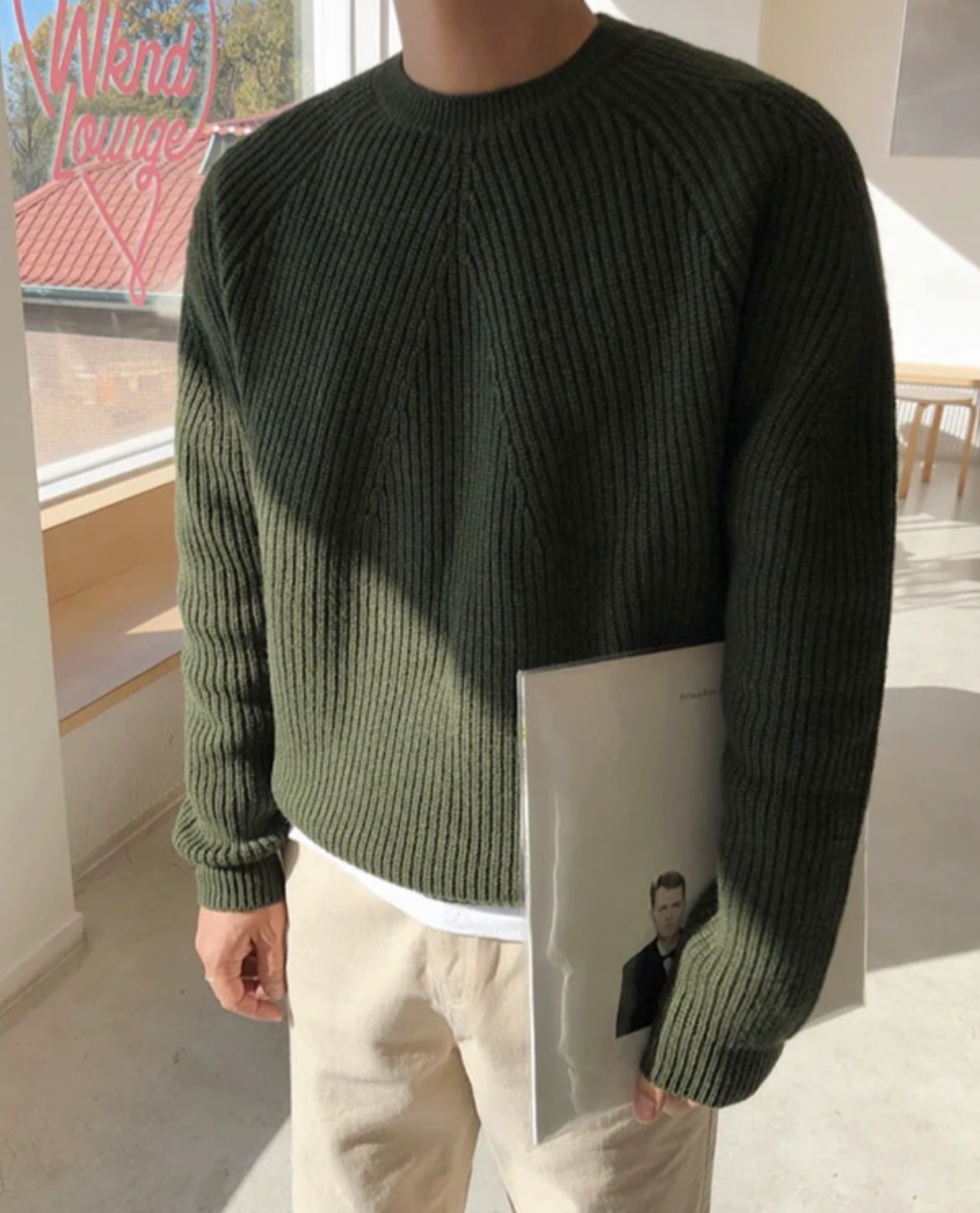 Veloria Geribde Katoenen Sweater met Structuur – Forest Green Crewneck