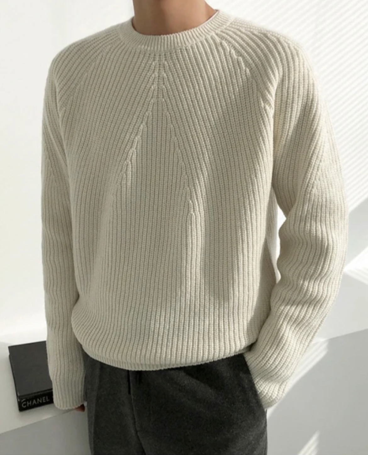 Veloria Geribde Katoenen Sweater met Structuur – Forest Green Crewneck