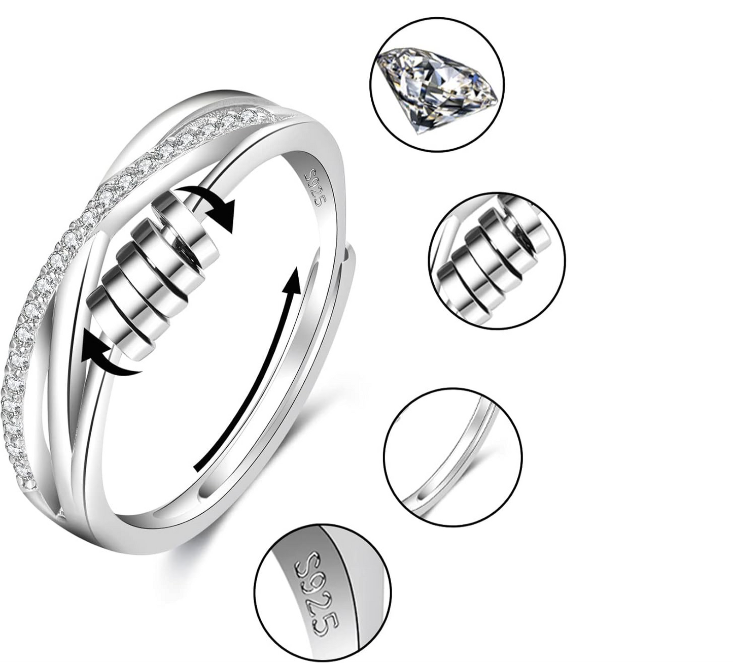 Élanor 925 Sterling Zilveren Ring met Diamantslijping en Draaibare Band