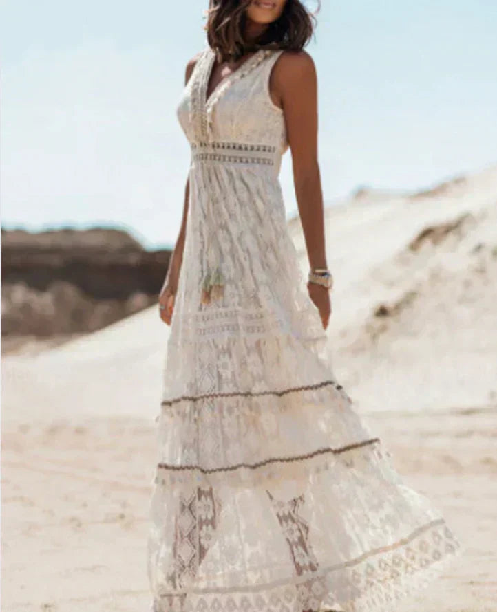 Monde Dames Boho Jurk van Kant met V-Hals en Taillekoord – Wit – Luchtige Zomerjurk