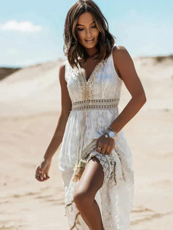 Monde Dames Boho Jurk van Kant met V-Hals en Taillekoord – Wit – Luchtige Zomerjurk