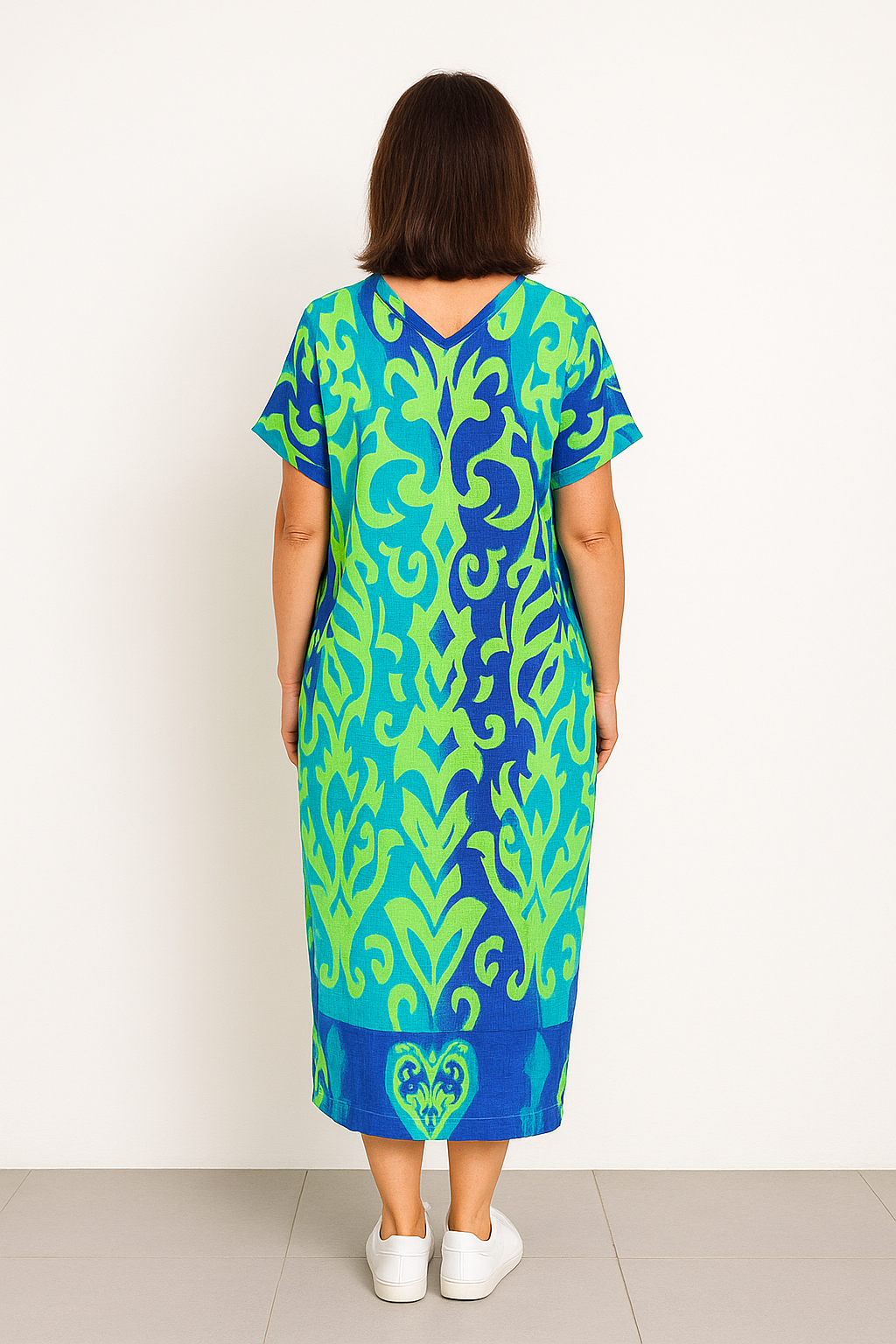 Monde Kaftan Jurk met Tropische Print en V-hals – Korte Mouwen – Midi Lengte