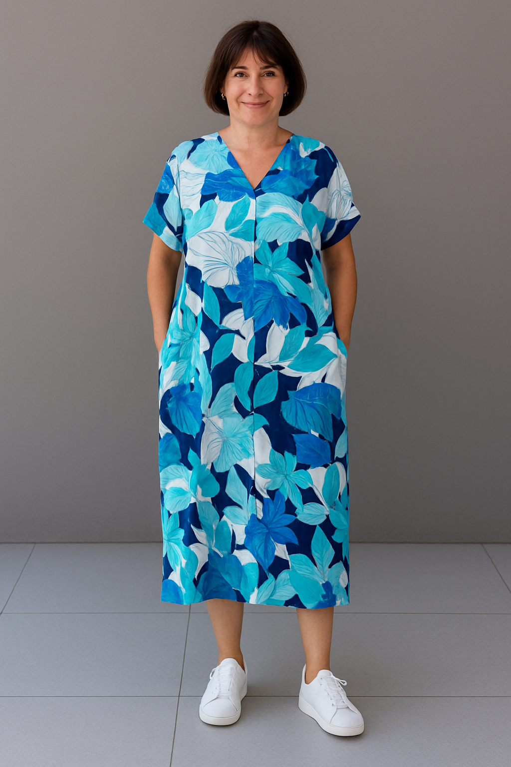 Monde Kaftan Jurk met Tropische Print en V-hals – Korte Mouwen – Midi Lengte