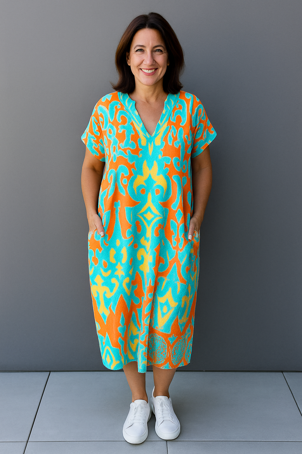 Monde Kaftan Jurk met Tropische Print en V-hals – Korte Mouwen – Midi Lengte