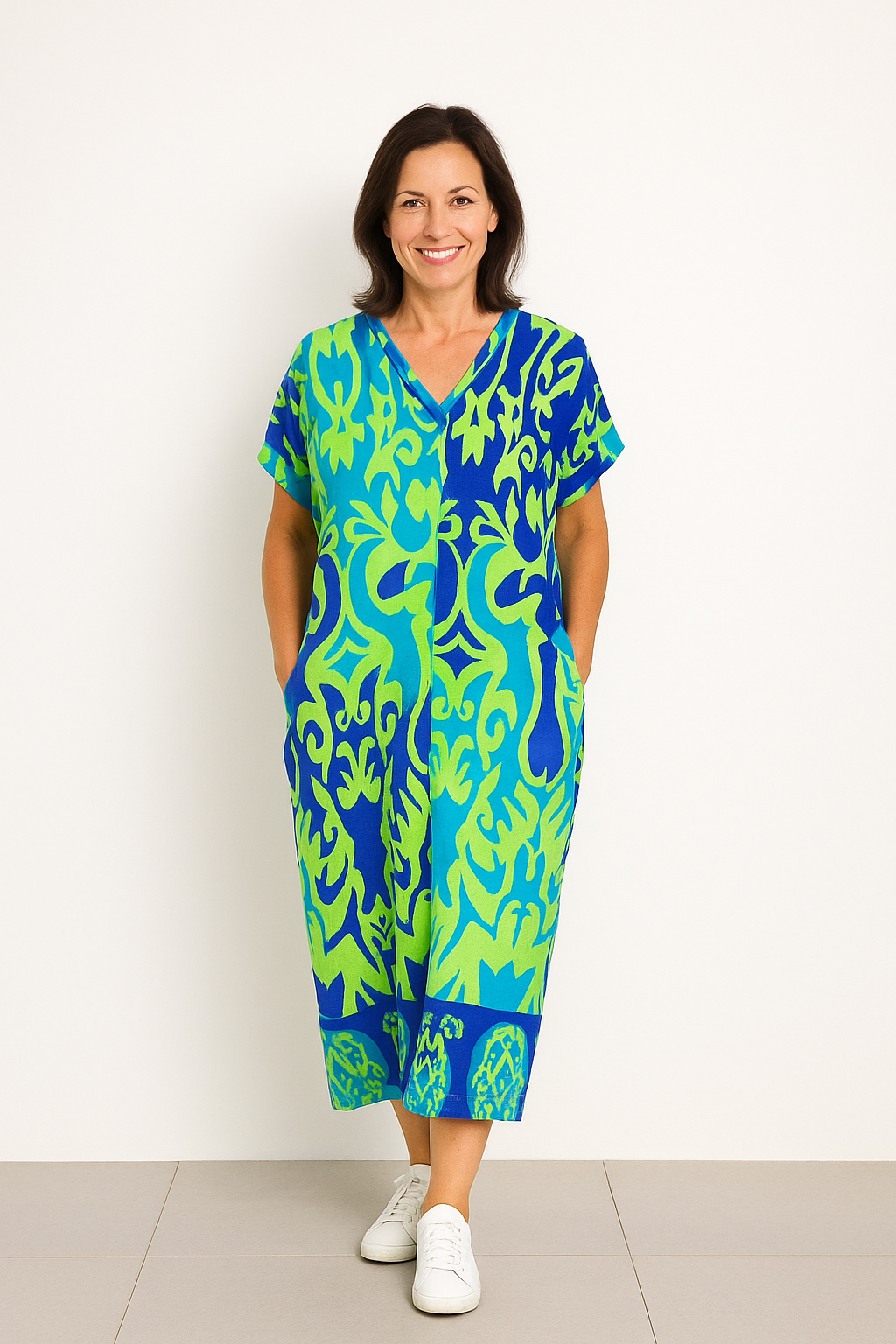 Monde Kaftan Jurk met Tropische Print en V-hals – Korte Mouwen – Midi Lengte