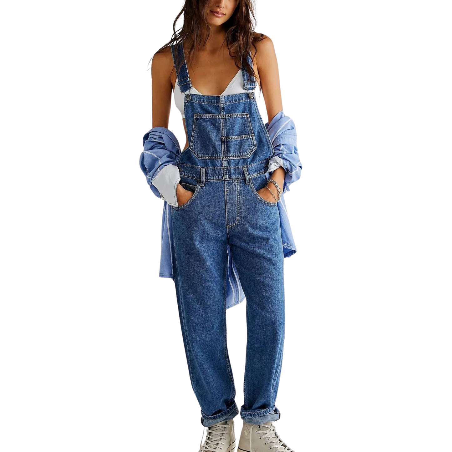 Marlene – Relaxed Fit Denim Jumpsuit met Haremstijl en Diepe Halslijn