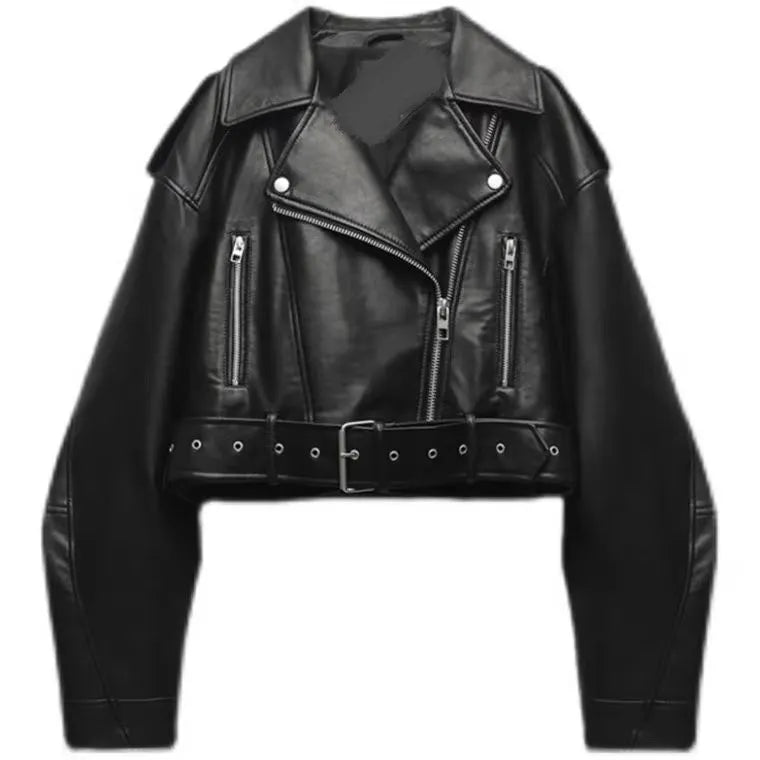 Élanor Oversized Dames PU Leren Korte Jas met Tailleriem – Retro Moto Biker Stijl