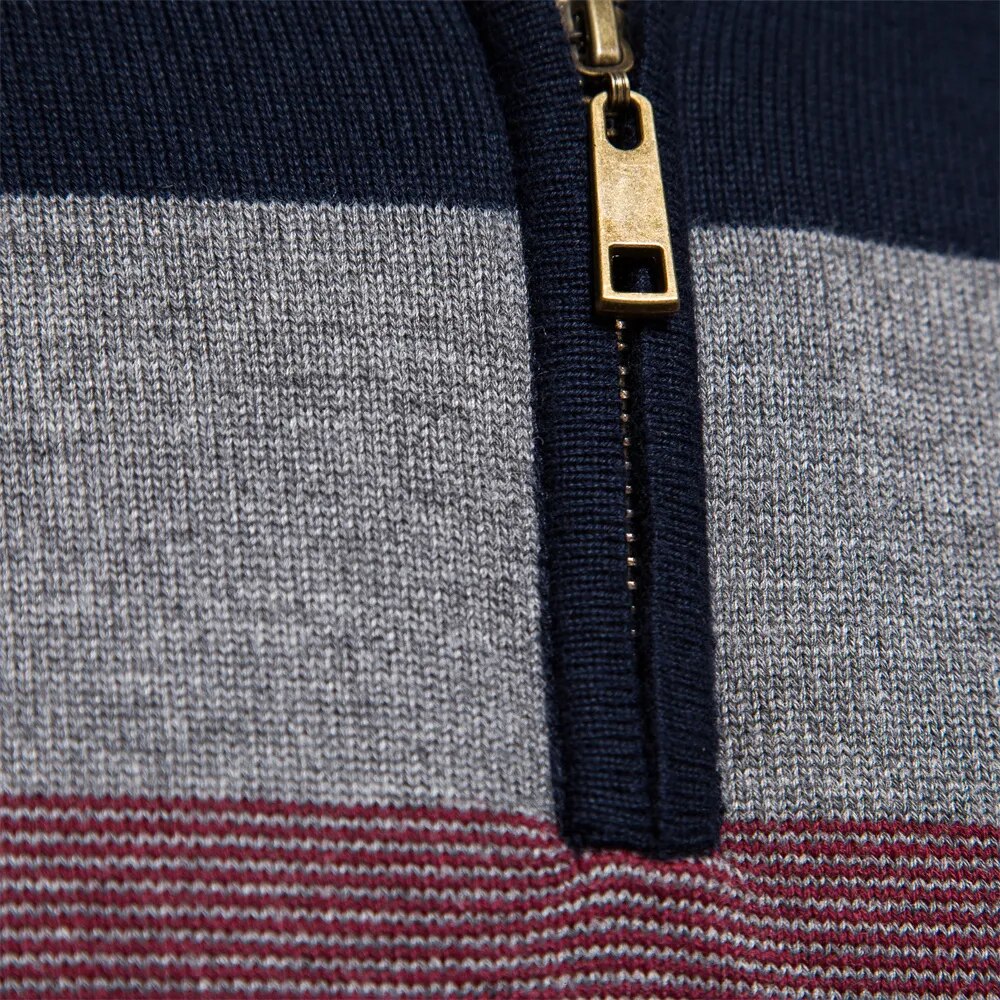 Monde Heren Trui met Kwart-Rits en Streeppatroon – Slim Fit – Katoenmix