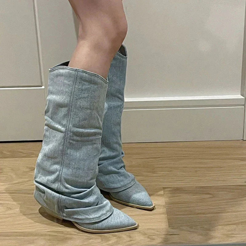 Monde Dames Knielaarzen van Denim met Isolerende Voering en Rubberen Zool – Blauw