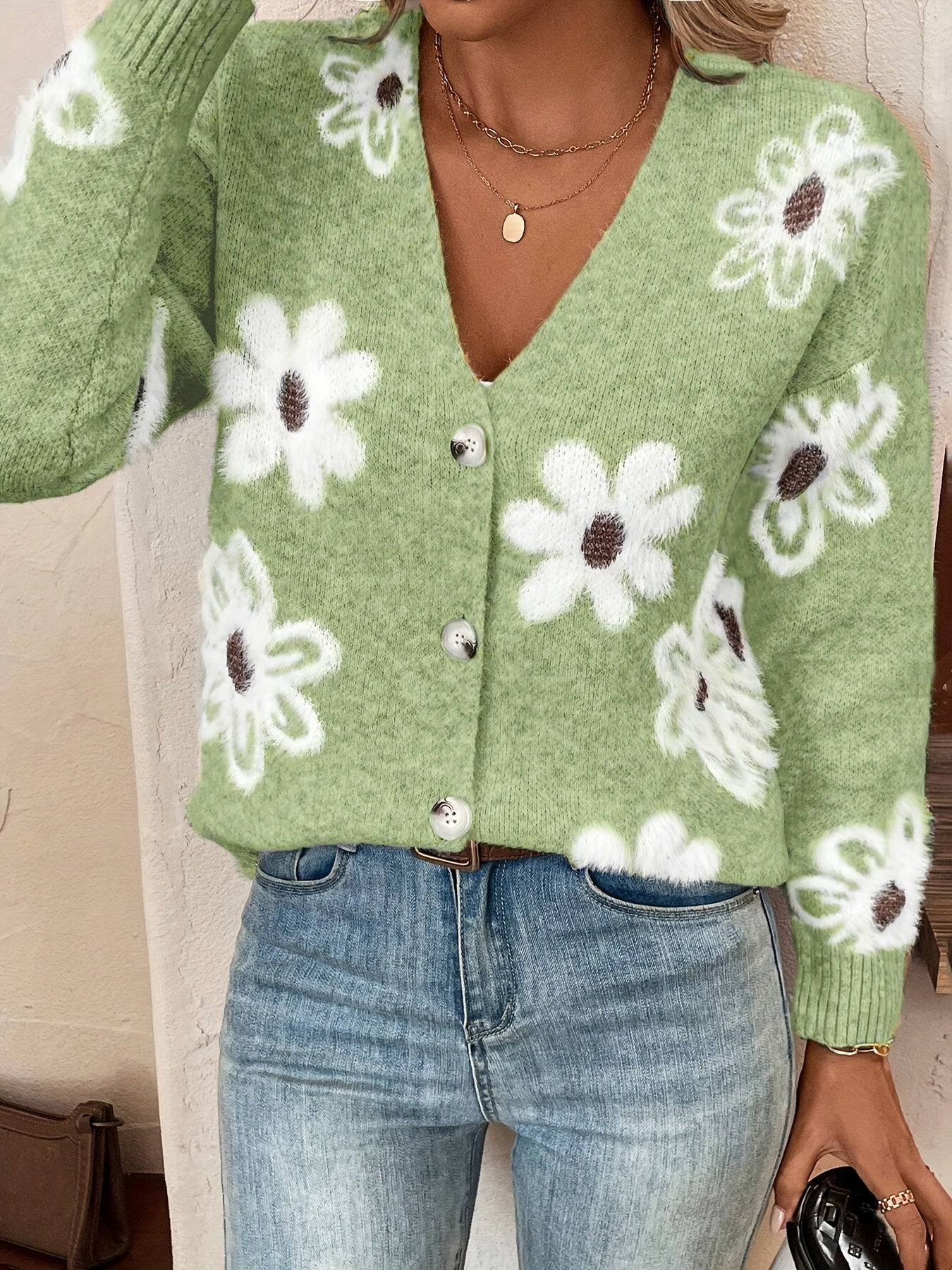 Veloria | Cardigan Trui met Bloemenpatroon en Knopen