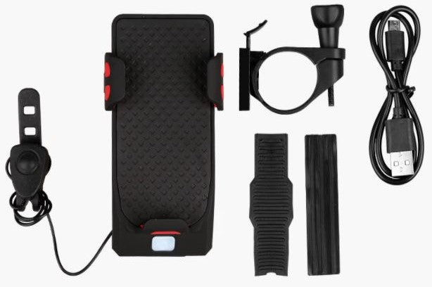 Veloria 4-in-1 Fietsgadget met Telefoonhouder, Powerbank, LED Verlichting en Claxon