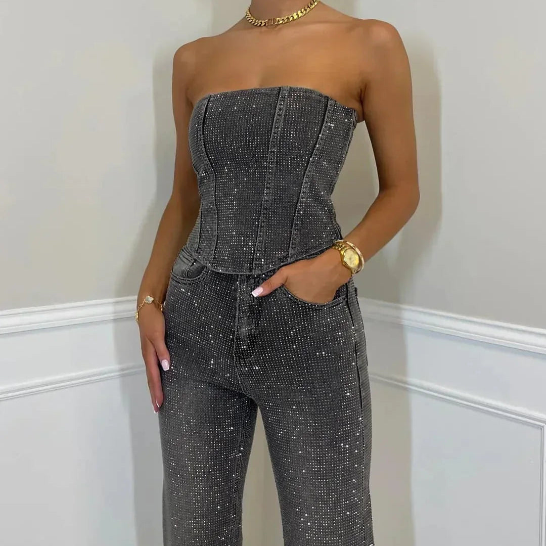 Veloria Glanzende Dames Set met Glittertop en High-Waist Jeans – Elegante Tweedelige Outfit