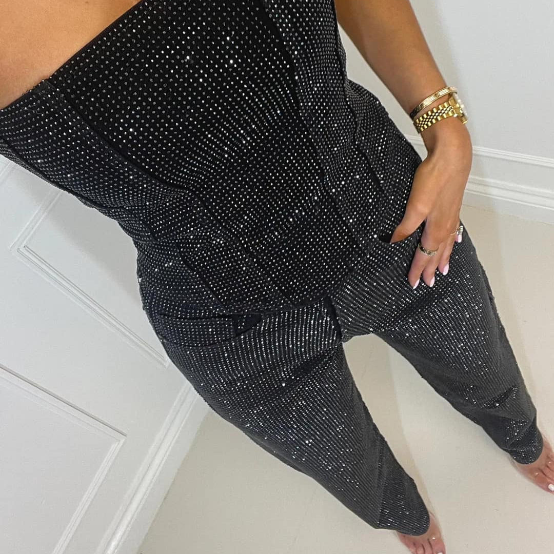 Veloria Glanzende Dames Set met Glittertop en High-Waist Jeans – Elegante Tweedelige Outfit