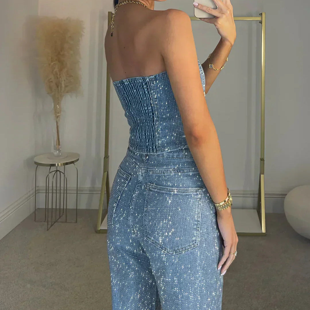Veloria Glanzende Dames Set met Glittertop en High-Waist Jeans – Elegante Tweedelige Outfit