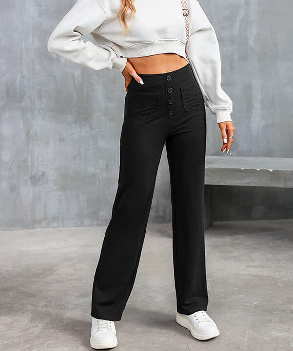 Évoque | High-waisted elastische casual broek met knoopdetails en zakken