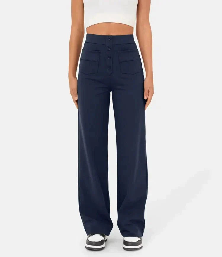 Évoque | High-waisted elastische casual broek met knoopdetails en zakken