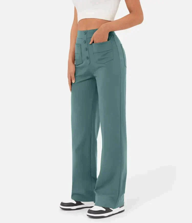 Évoque | High-waisted elastische casual broek met knoopdetails en zakken