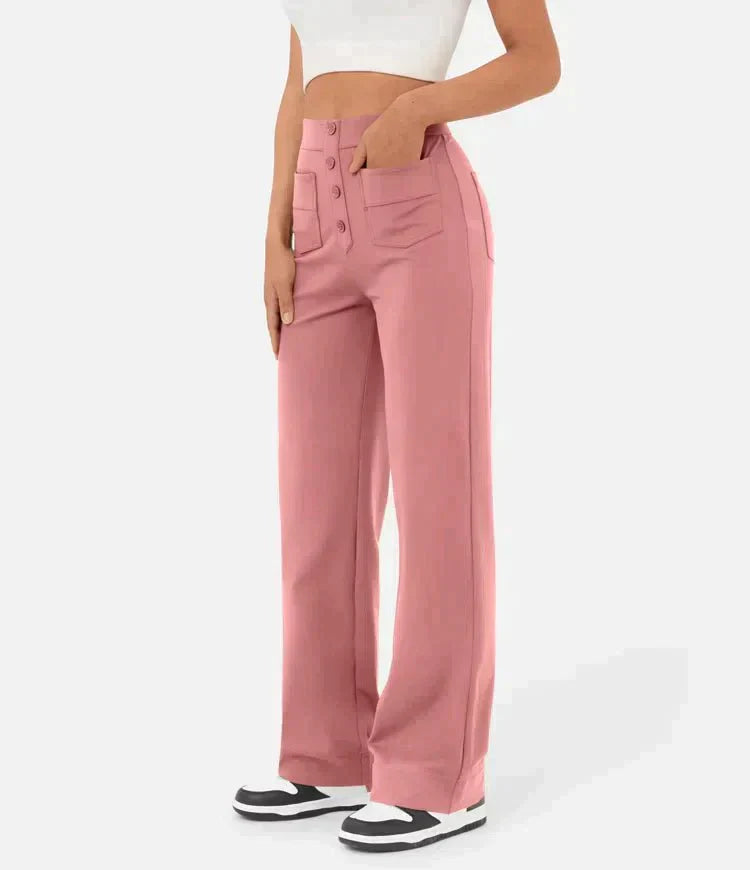 Évoque | High-waisted elastische casual broek met knoopdetails en zakken