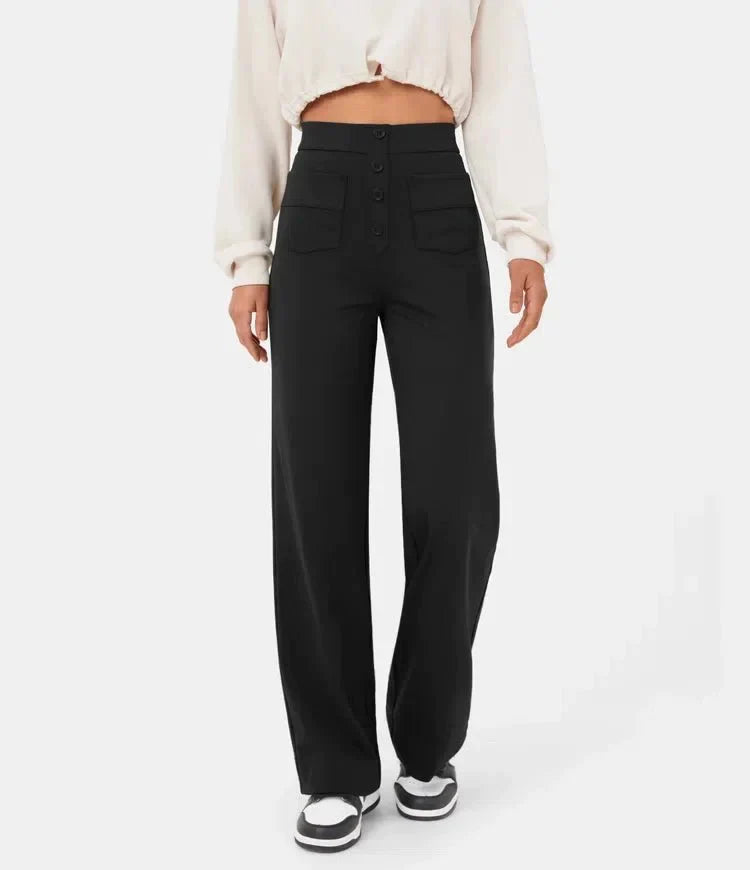 Évoque | High-waisted elastische casual broek met knoopdetails en zakken