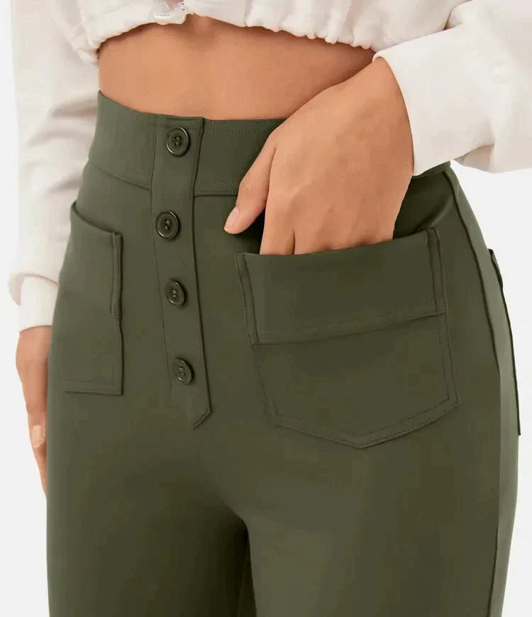 Évoque | High-waisted elastische casual broek met knoopdetails en zakken