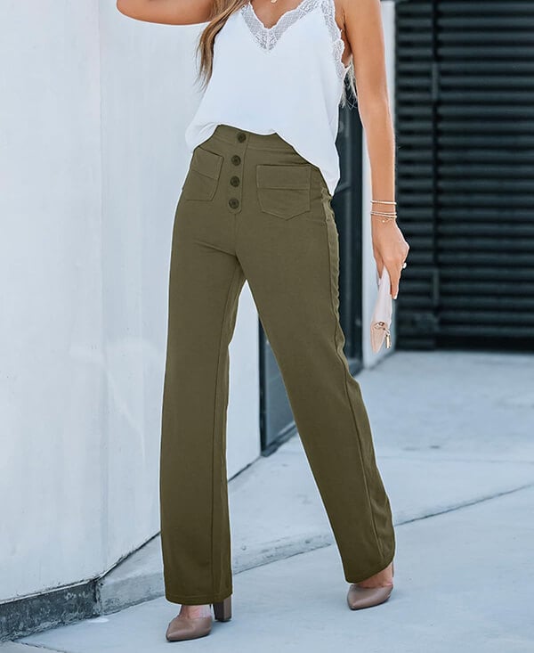 Évoque | High-waisted elastische casual broek met knoopdetails en zakken