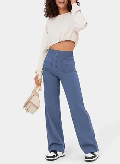 Évoque | High-waisted elastische casual broek met knoopdetails en zakken