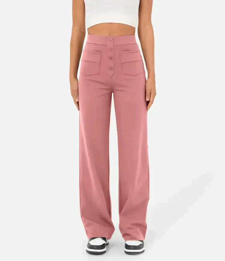 Évoque | High-waisted elastische casual broek met knoopdetails en zakken