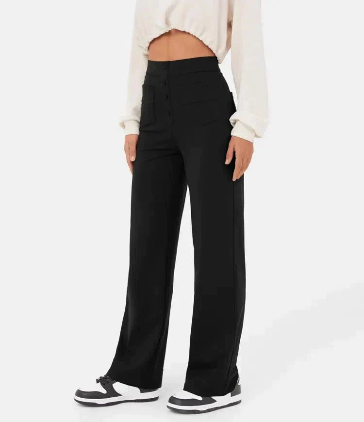 Évoque | High-waisted elastische casual broek met knoopdetails en zakken