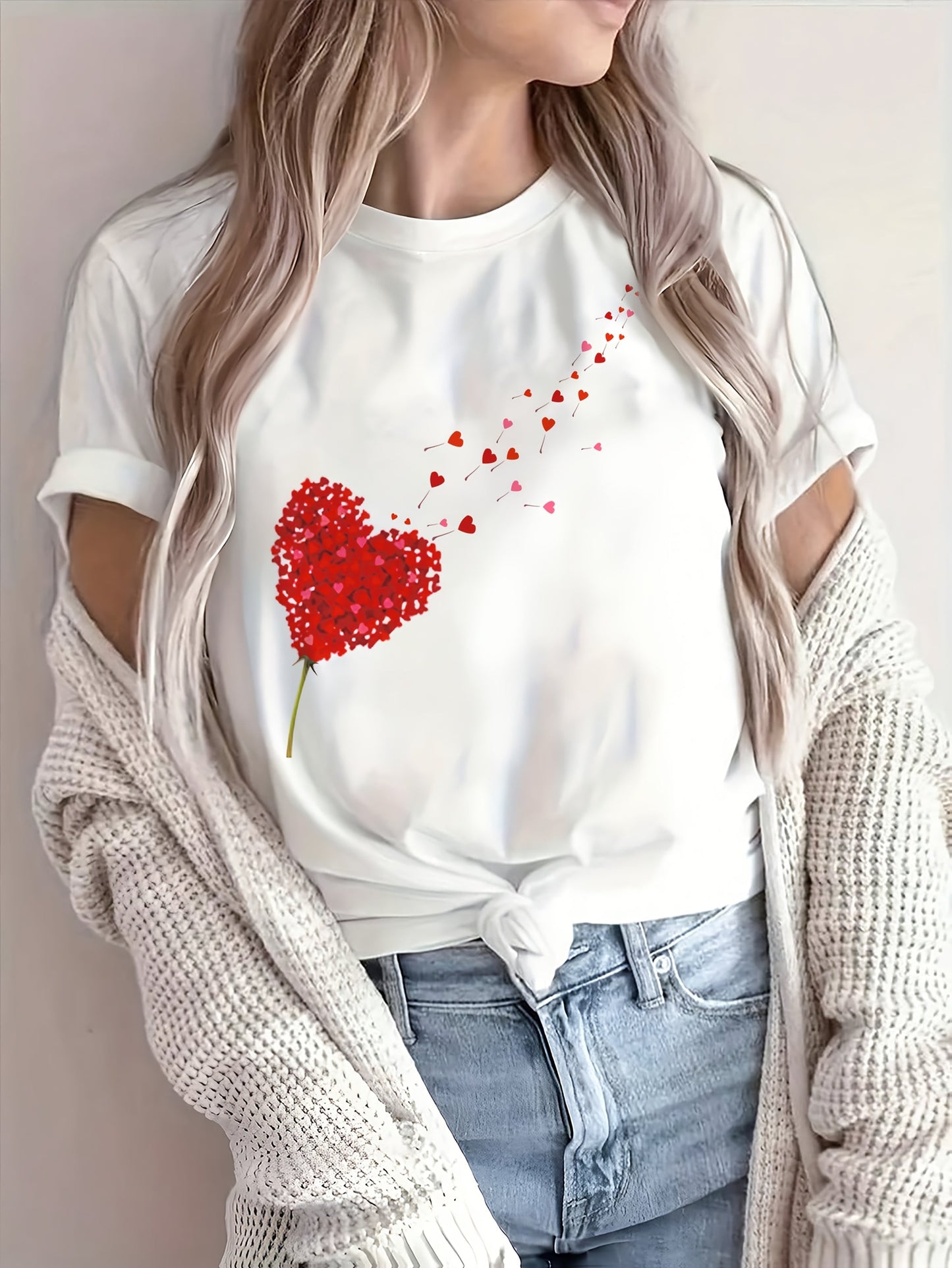 Élanor Romantisch T-shirt met roze harten en bloemenprint – Regular fit katoenmix