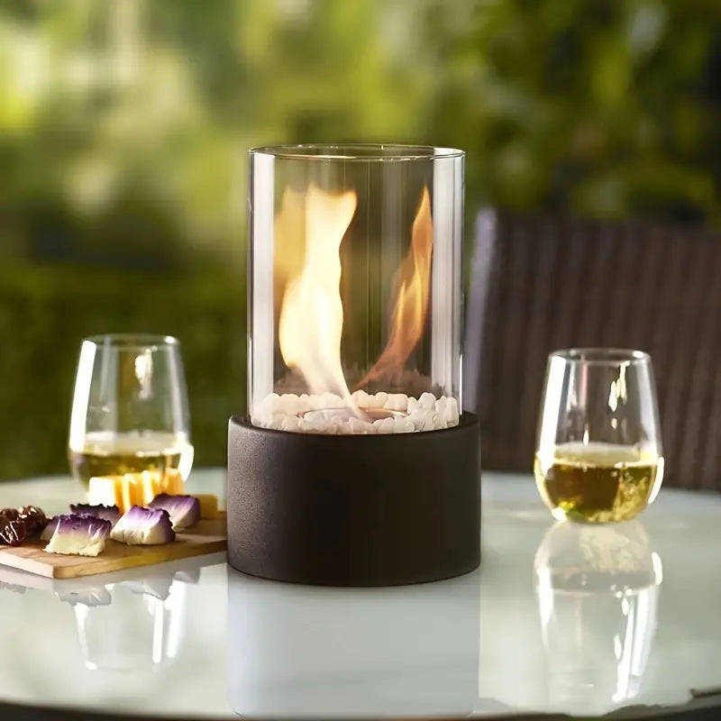 Monde Moderne draagbare tafelhaard van glas en metaal – ethanolbrander – zwart – Ø15 cm x H30 cm