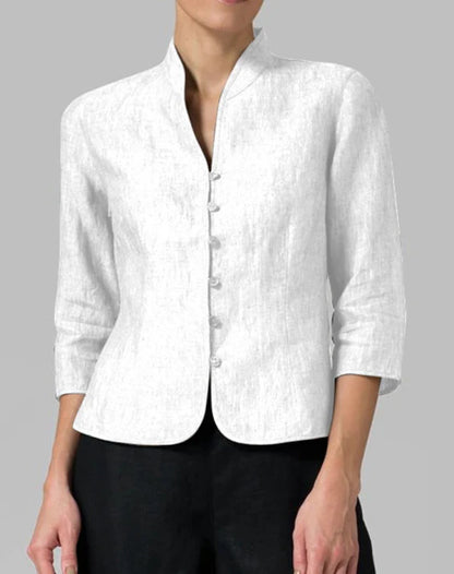 Évoque – Elegante damesblouse met staande kraag en chambray-look