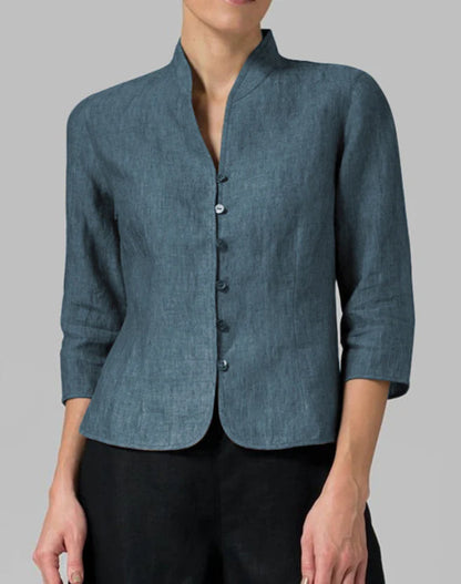 Évoque – Elegante damesblouse met staande kraag en chambray-look