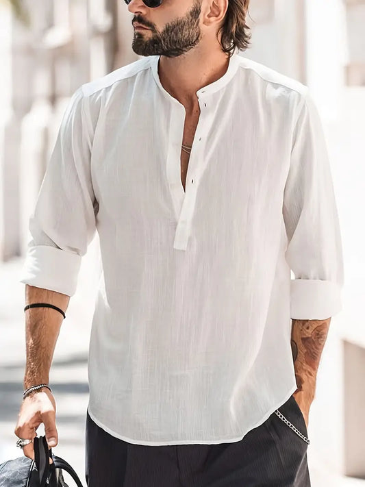 Monde Herenhemd met lange mouwen – Relaxed Fit – Bandenkraag – Ademend katoen-linnen – Naturel kleur