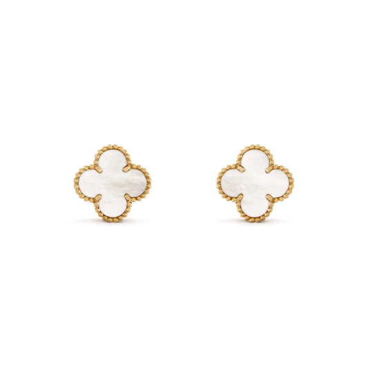 Monde Oorbellen Dames – 18K Goud Verguld – Parelmoer & Onyx – Klavervorm – 925 Zilver – 15 mm Motief