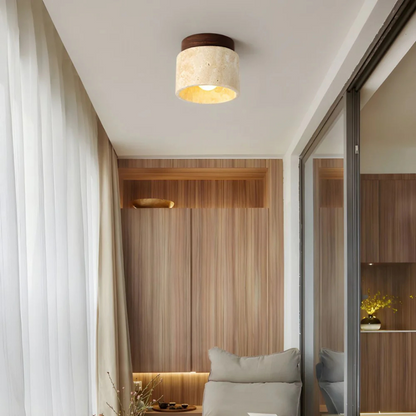 Élanor – Cilindervormige Travertin Plafondlamp met Houten Detail