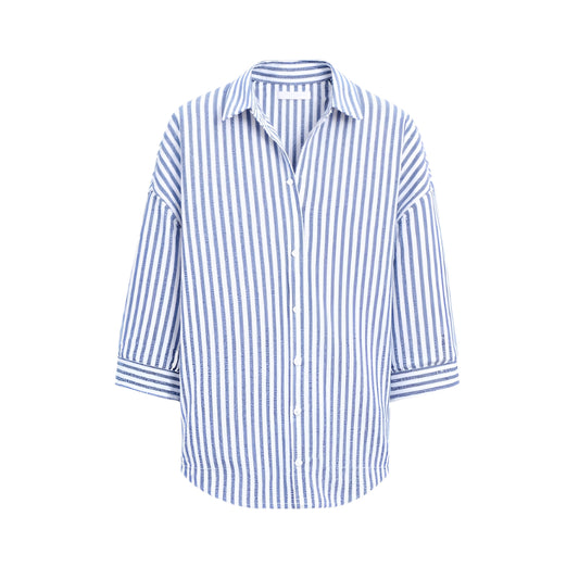 Monde dames blouse – lange mouw – gestreept – katoenen mix – rechte pasvorm – polo-kraag – knoopsluiting