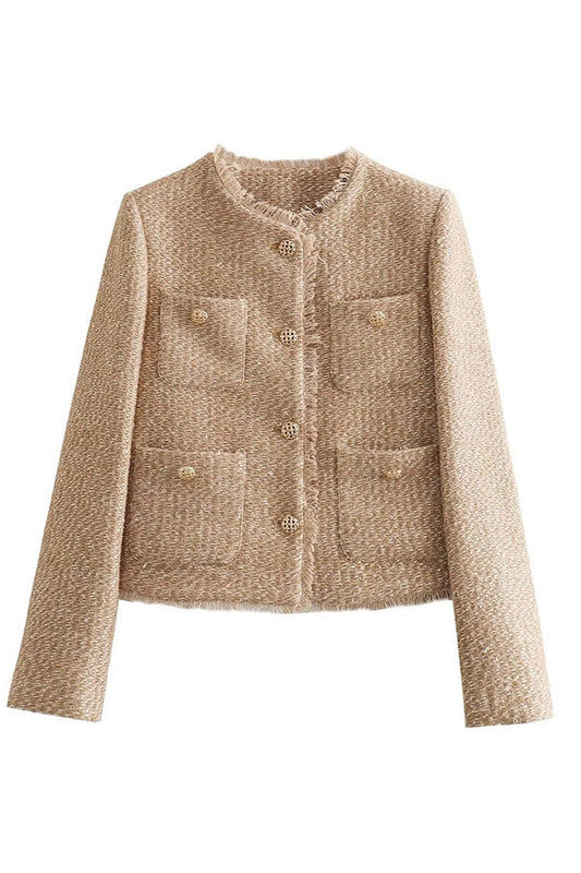 Évoque Frayed Crew Neck Jacket met Knoopsluiting