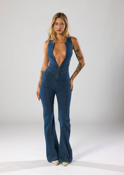 Monde Dames Jumpsuit van Denim met Diepe V-Hals, Flared Pijpen en Getailleerde Pasvorm – Rits aan Achterzijde