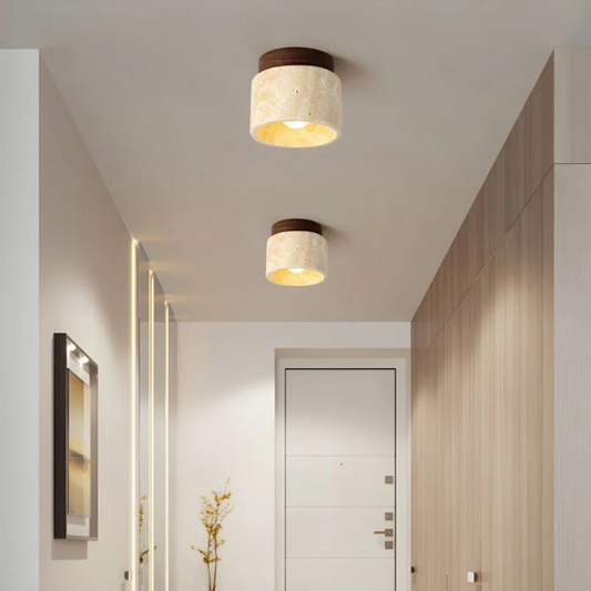 Élanor – Cilindervormige Travertin Plafondlamp met Houten Detail
