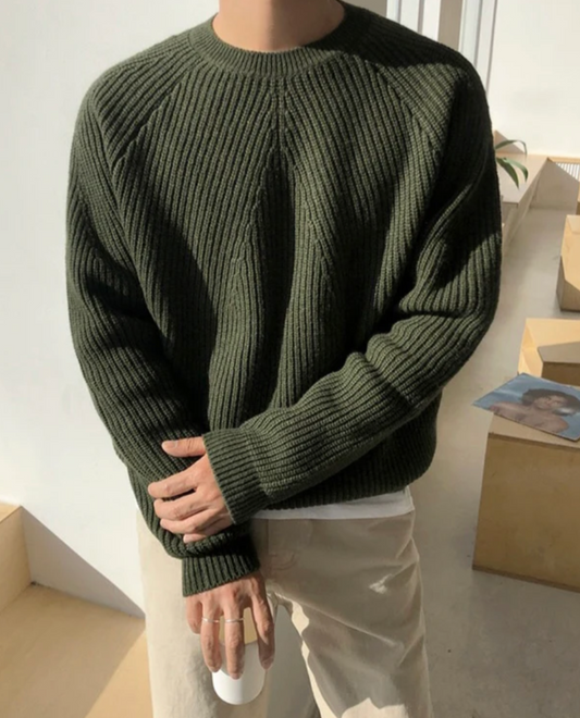 Veloria Geribde Katoenen Sweater met Structuur – Forest Green Crewneck
