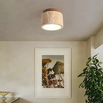 Élanor – Cilindervormige Travertin Plafondlamp met Houten Detail