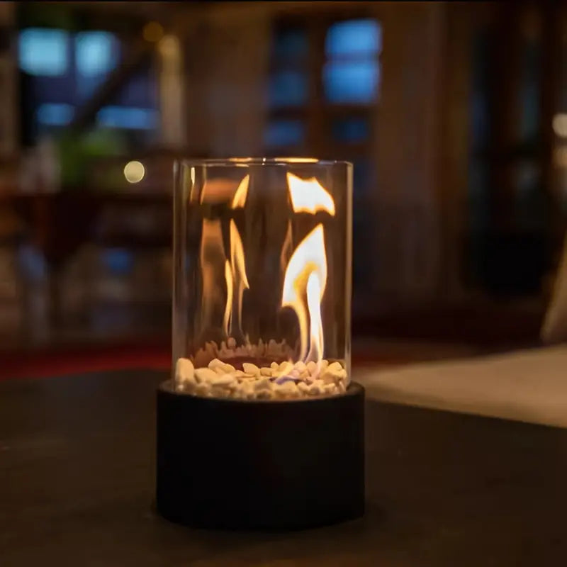 Monde Moderne draagbare tafelhaard van glas en metaal – ethanolbrander – zwart – Ø15 cm x H30 cm