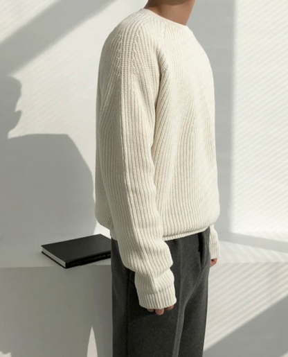 Veloria Geribde Katoenen Sweater met Structuur – Forest Green Crewneck