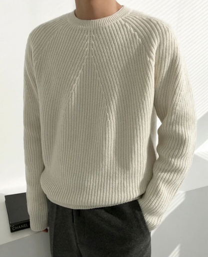 Veloria Geribde Katoenen Sweater met Structuur – Forest Green Crewneck