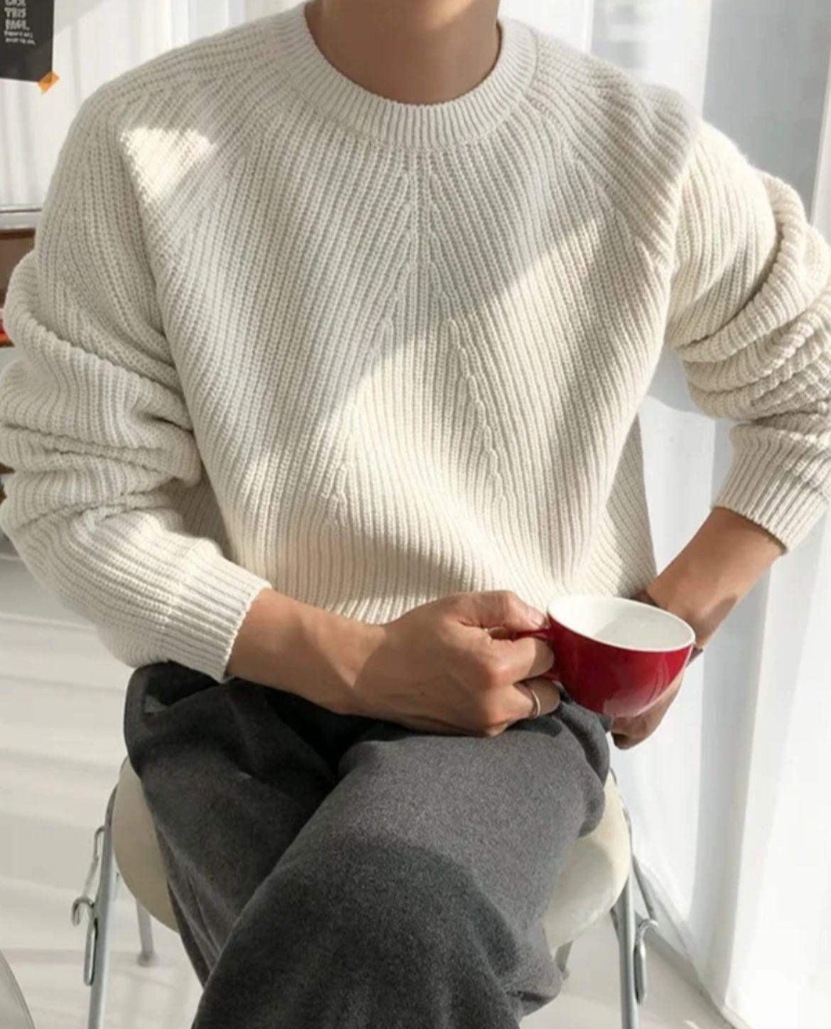 Veloria Geribde Katoenen Sweater met Structuur – Forest Green Crewneck