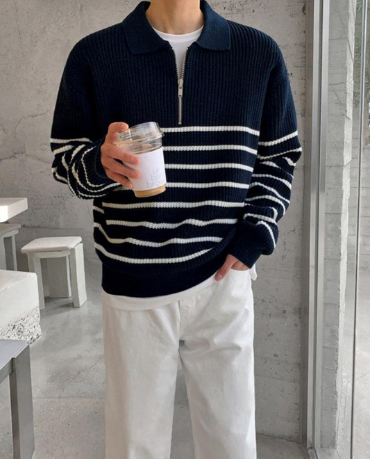 Veloria Gestreepte Quarter Zip Sweater van 100% Katoen – Half Zip Trui met Lange Mouwen