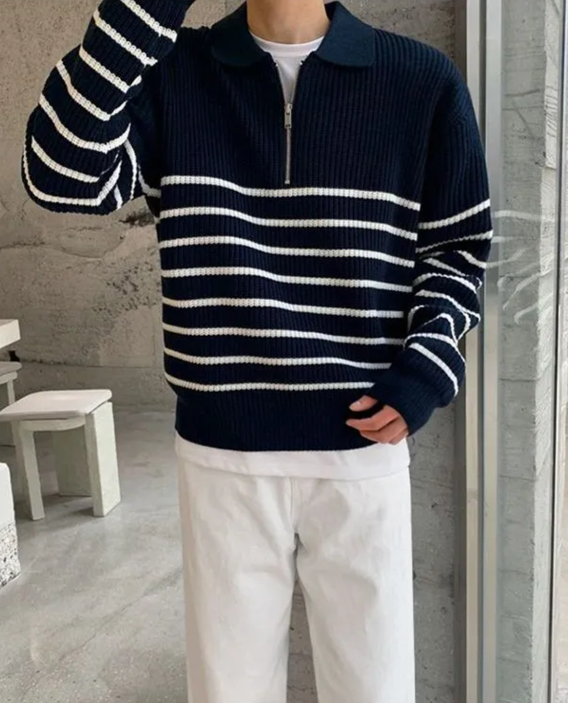 Veloria Gestreepte Quarter Zip Sweater van 100% Katoen – Half Zip Trui met Lange Mouwen
