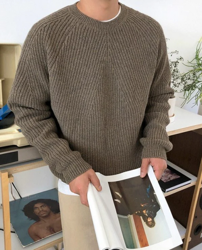 Veloria Geribde Katoenen Sweater met Structuur – Forest Green Crewneck