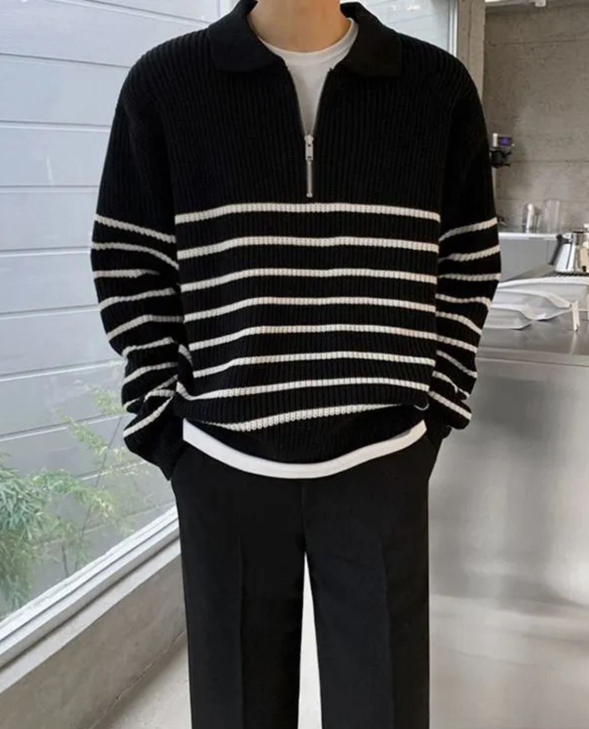 Veloria Gestreepte Quarter Zip Sweater van 100% Katoen – Half Zip Trui met Lange Mouwen